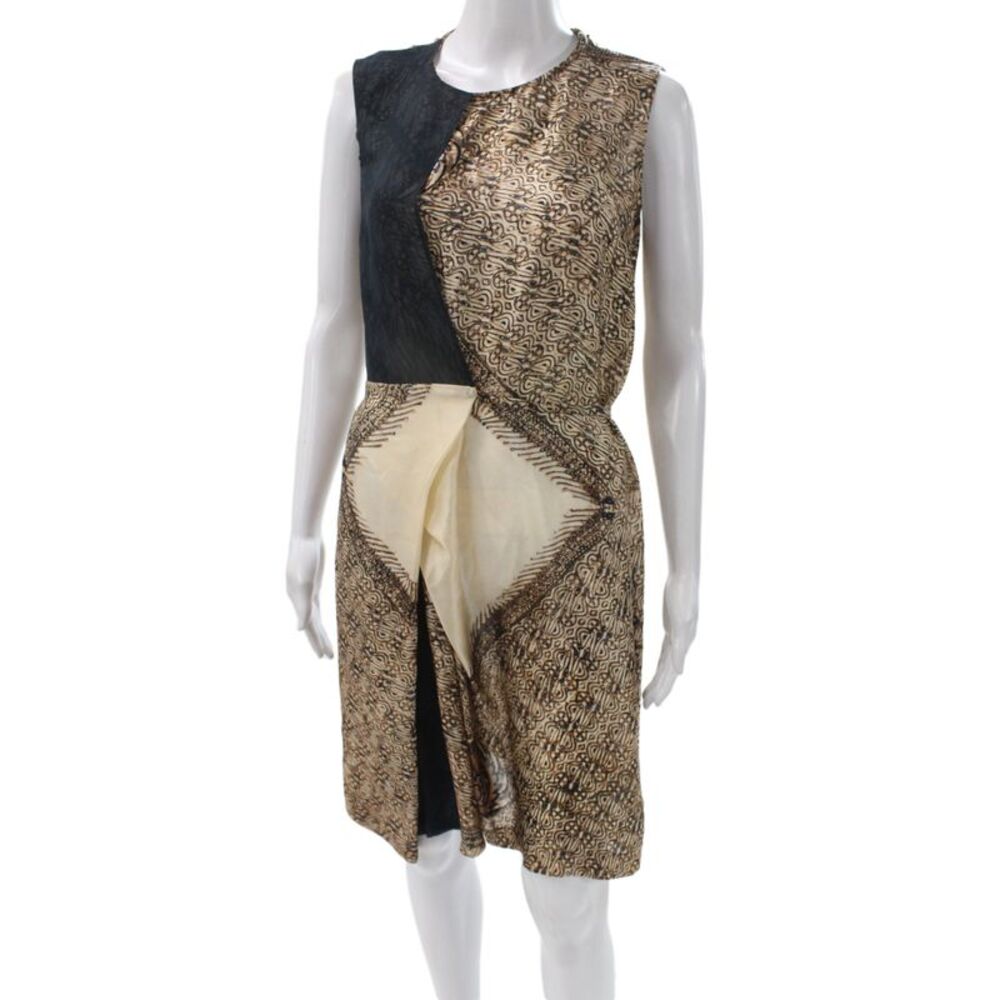 Dries Van Noten Women Shift Dress Beige Silk Batik Neck Zip Mid Calf Size 40